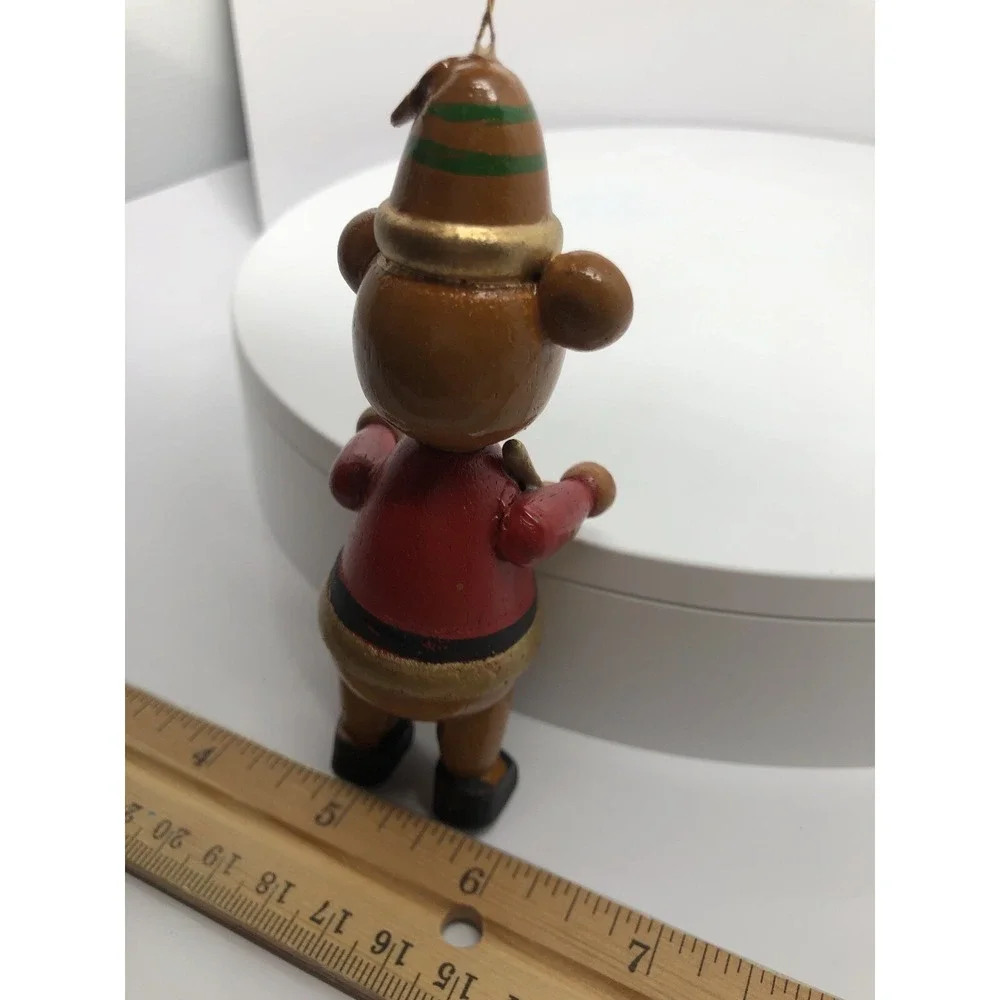 Vintage Christmas Wooden Teddy Bear Toy Ornament With‎ Horn Musical 4.25